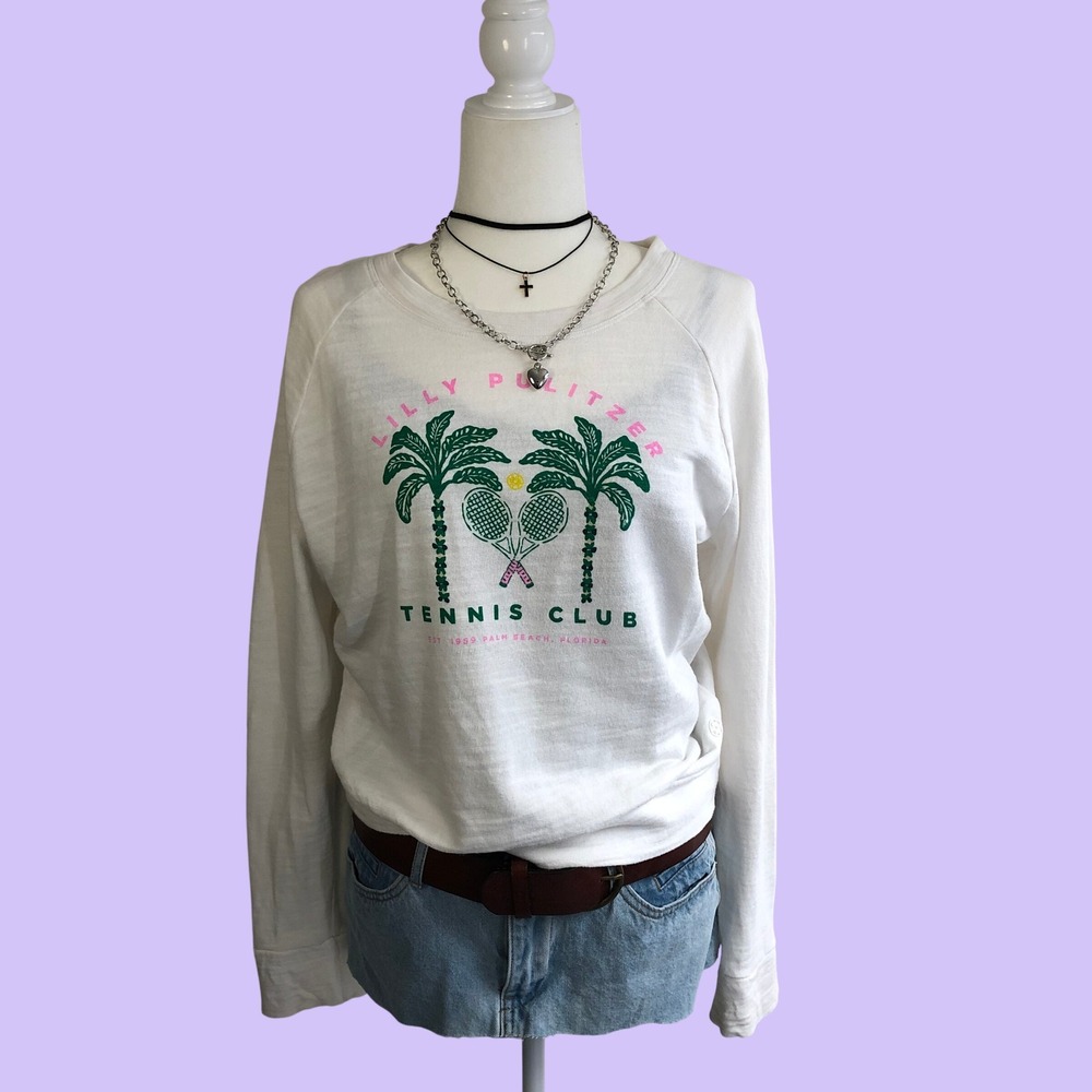 Lilly Pulitzer Tennis Club Sweatshirt White Graphic Pullover Luxletic Womens M